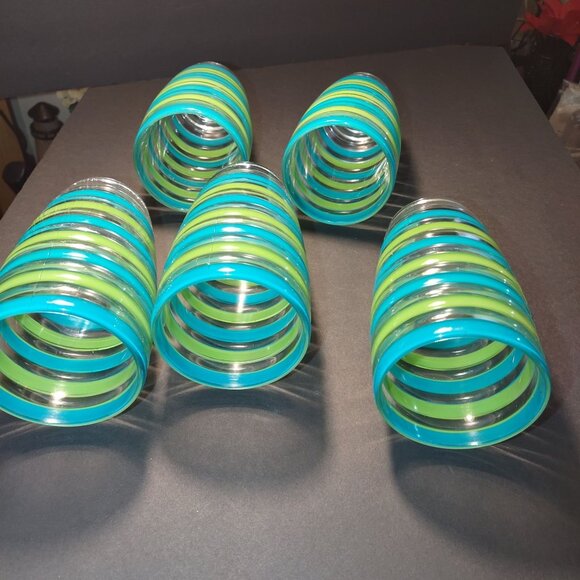 Set Of 5 Retro Glass Tumblers With Blue & Green Stripes 6.5" Tall - Picture 4 of 7